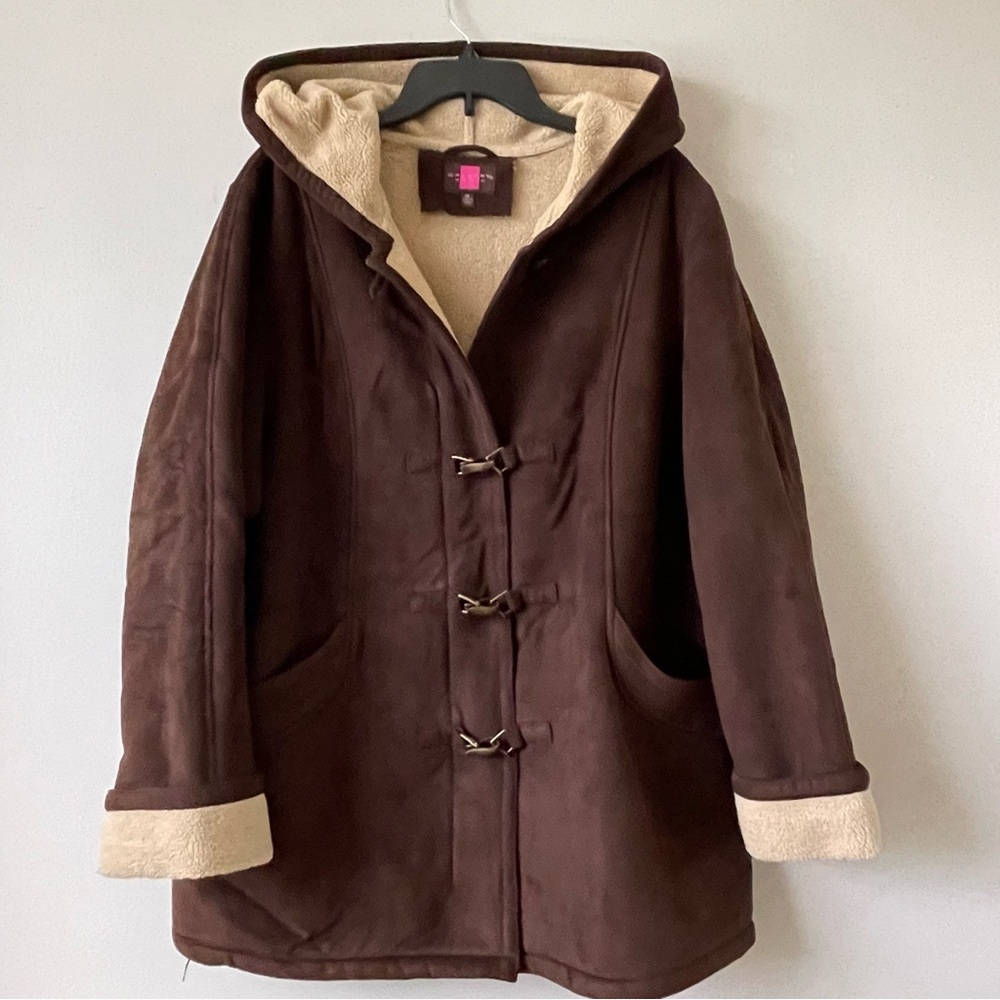 Gallery Chocolate Teddy Faux Suede Jacket with Zipper & Latch Style Closure 1XL
